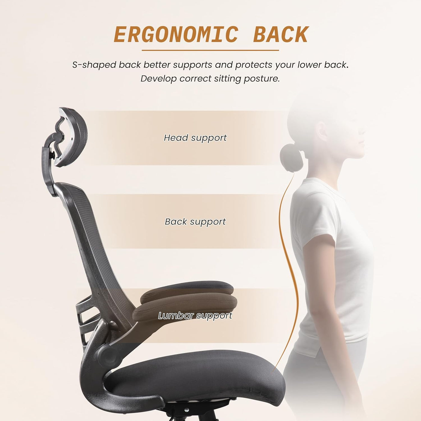 Ergonomic Office Computer Desk Chair,Adjustable Headrest,Flipped Arms,Lumbar Support 360°Swivel Task Chair -Black