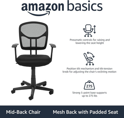 Amazon Basics Mesh Mid-Back Adjustable-Height 360-Degree Swivel Office Desk Chair with Armrests, Lumbar Support and Easy to Assemble, Black