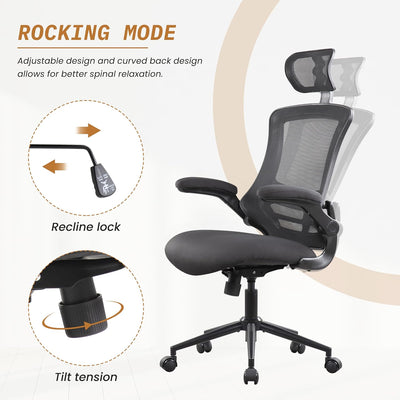 Ergonomic Office Computer Desk Chair,Adjustable Headrest,Flipped Arms,Lumbar Support 360°Swivel Task Chair -Black