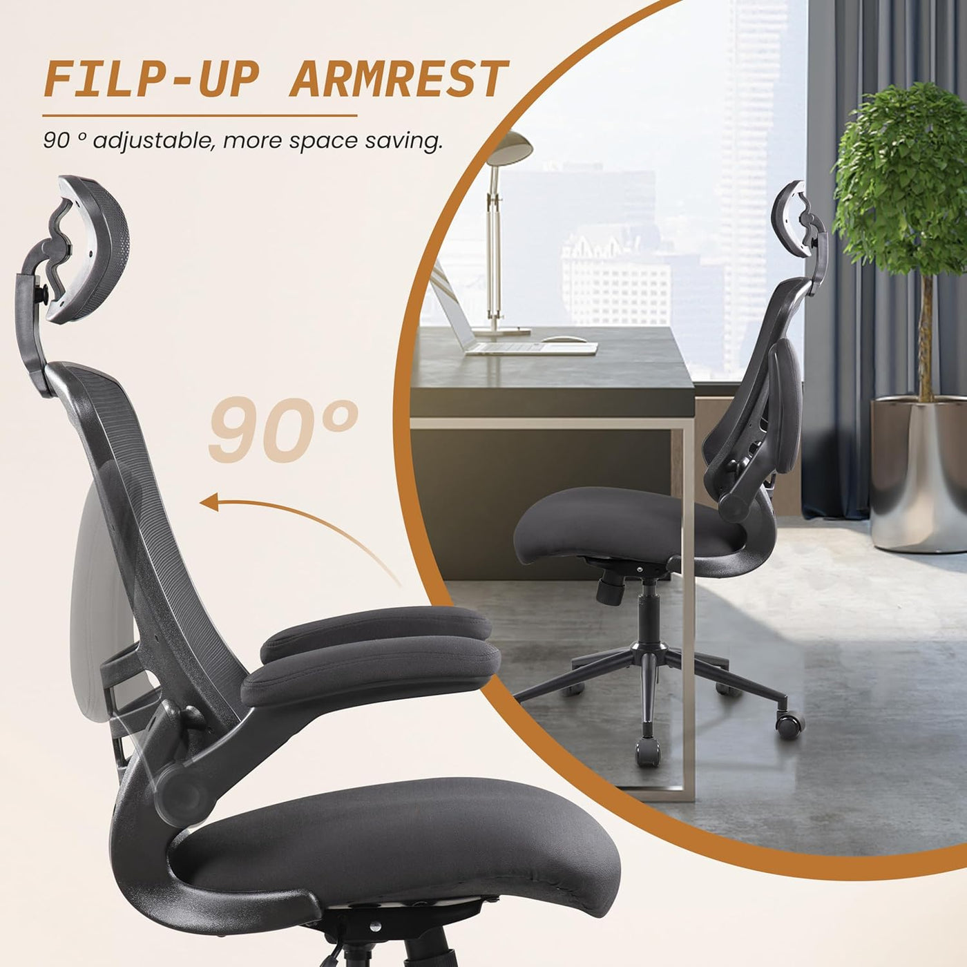 Ergonomic Office Computer Desk Chair,Adjustable Headrest,Flipped Arms,Lumbar Support 360°Swivel Task Chair -Black